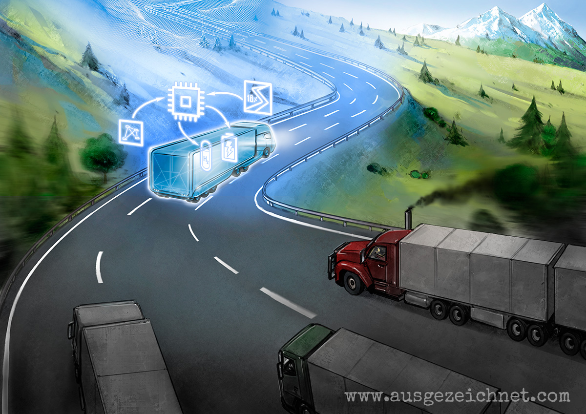 tuwien illustration futuristisch LKW wasserstoff modern zukunft klimawende tuwien illustration futuristisch LKW wasserstoff modern zukunft klimawende